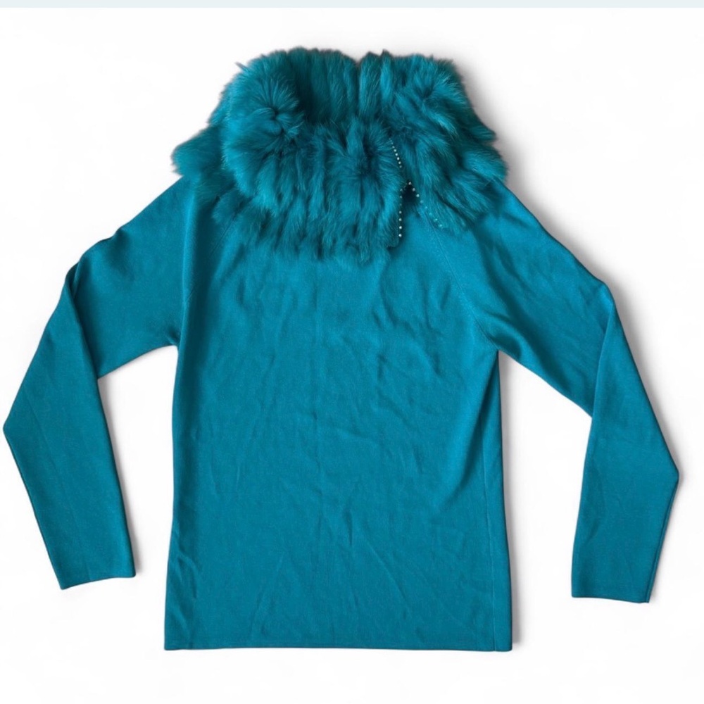 Vintage Teal Faux Fur Off-Shoulder Top – Size Medium